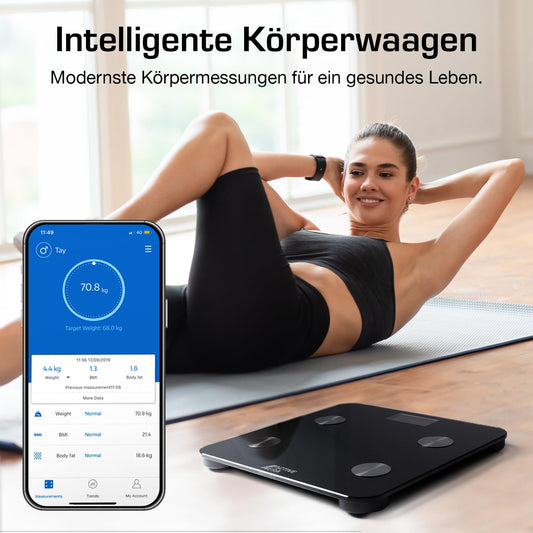 Active Era Body Fat Scale - Digital Bathroom Scale with App - Smart Bluetooth Scale for Body Analysis - Body Fat, BMI, Weight (max. 180 kg), Muscle Mass, Water, Protein, Bone Weight - Black