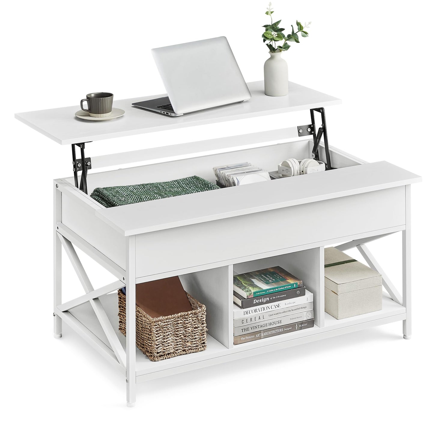 VASAGLE Coffee Table, Adjustable Living Room Table, Open and Hidden Storage, X-Struts, 60 x 100 x (48-62) cm, Snow White-White LCT205W46