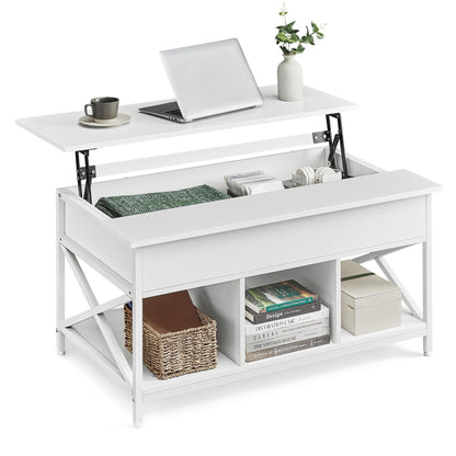 VASAGLE Coffee Table, Adjustable Living Room Table, Open and Hidden Storage, X-Struts, 60 x 100 x (48-62) cm, Snow White-White LCT205W46