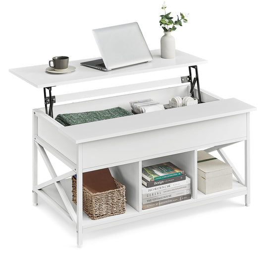 VASAGLE Coffee Table, Adjustable Living Room Table, Open and Hidden Storage, X-Struts, 60 x 100 x (48-62) cm, Snow White-White LCT205W46