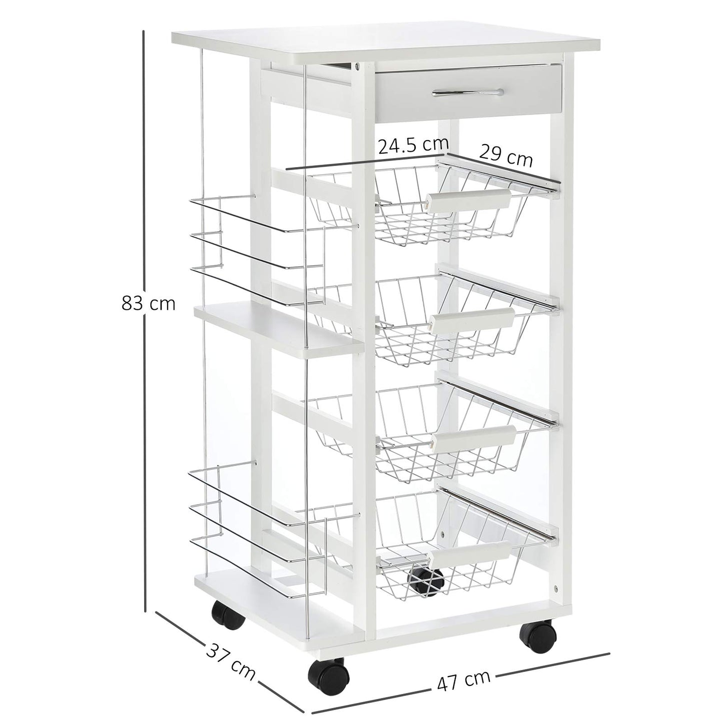 HOMCOM kitchen cart, 5-tier serving cart with countertop, rolling cart, kitchen shelf with wheels, drawer, and metal baskets, pine wood white 47 x 37 x 83 cm