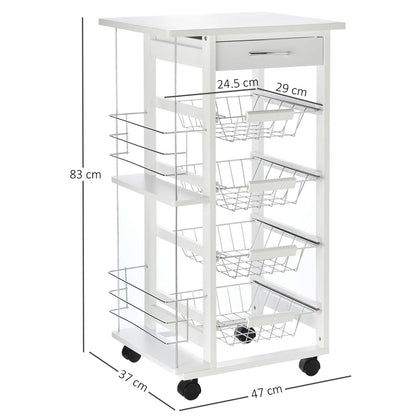 HOMCOM kitchen cart, 5-tier serving cart with countertop, rolling cart, kitchen shelf with wheels, drawer, and metal baskets, pine wood white 47 x 37 x 83 cm