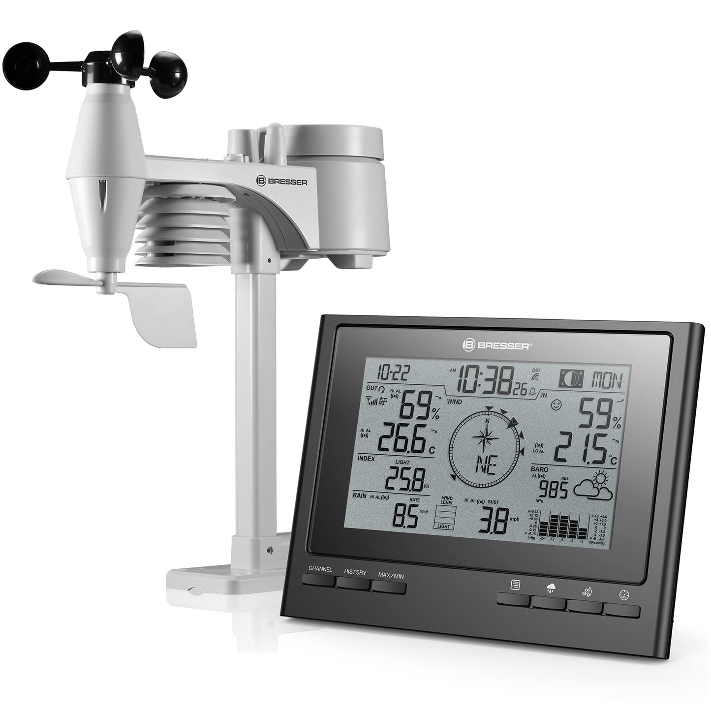 Bresser weather station with outdoor sensor 7-in-1 weather center ClimateScout with professional outdoor sensor, black