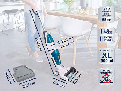 Leifheit Cordless Floor Cleaner Regulus Aqua PowerVac, vacuums and mops, Lightweight wet vacuum with powerful 24V, cordless wet vacuum with 22 min battery life, vacuum cleaner with upright storage feature.