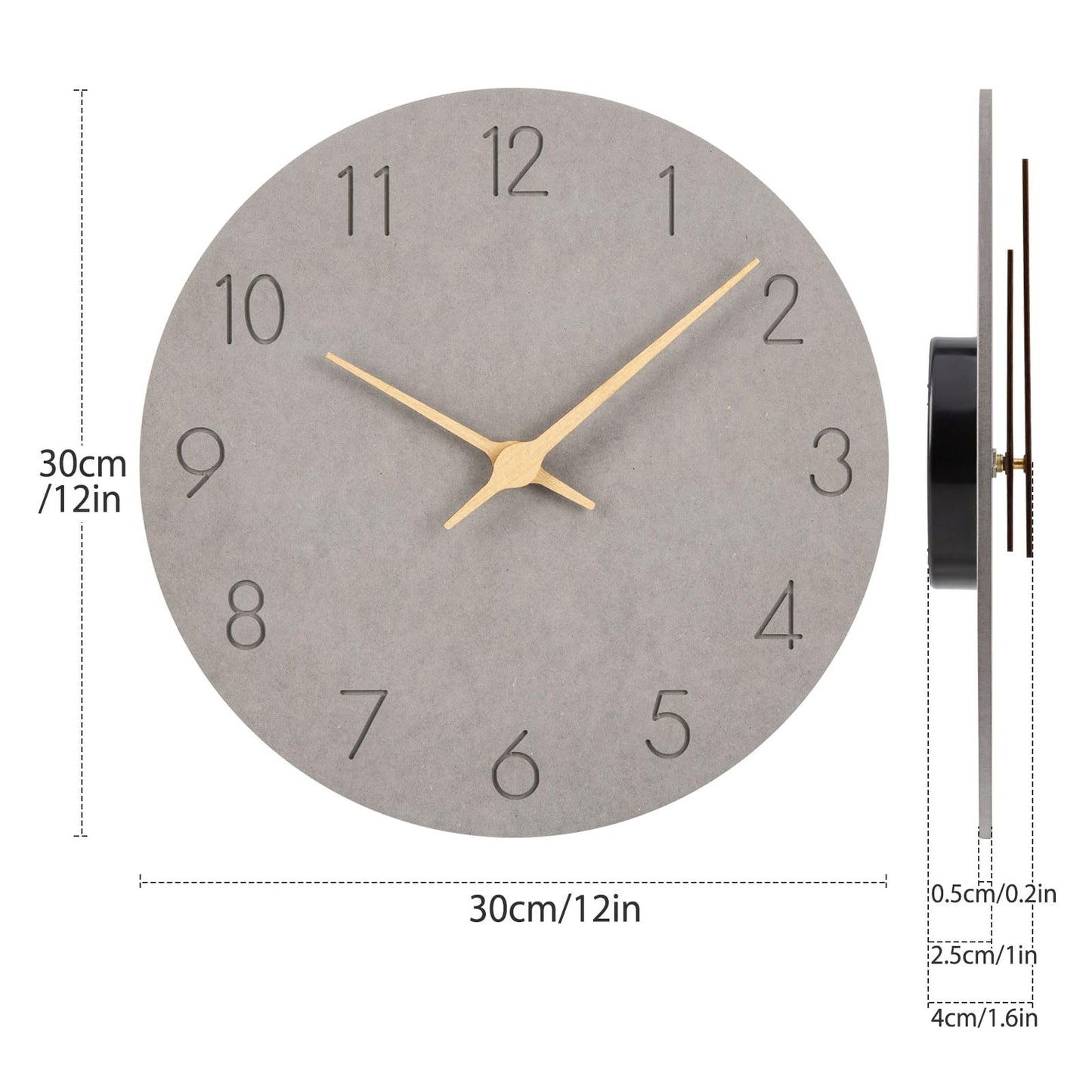 Warminn MDF Wood Wall Clock Silent Modern 30cm Quartz Large Battery Operated Clock Easy to Read for Room Home Kitchen Bedroom Office School (Gray)