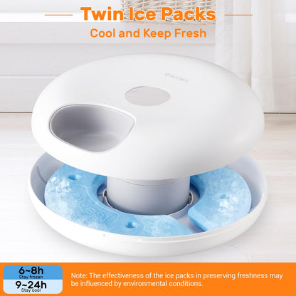 Automatic cat feeder for wet food, 6 meals cat feeder with 2 ice packs, programmable timer, rechargeable cordless automatic pet feeder.