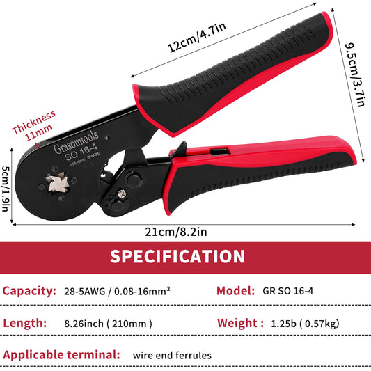 Wire end sleeves crimping pliers, 0.08-16mm²/AWG 28-5 crimping tools, wire crimping pliers, self-locking ratchet crimping pliers, 16mm² bootlace wire end sleeves crimping pliers.