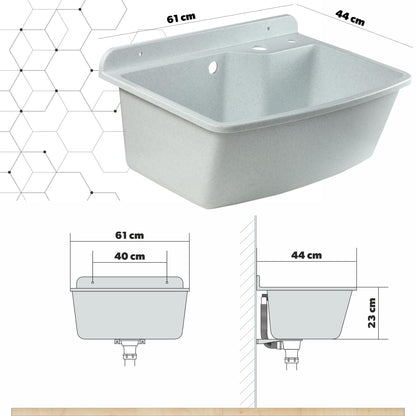 GOSPO Sink basin with pull-out faucet, washbasin 61 x 44 x 23.5 cm, utility sink with soap dispenser, siphon, sink including accessories, utility room, industrial washbasin (white)