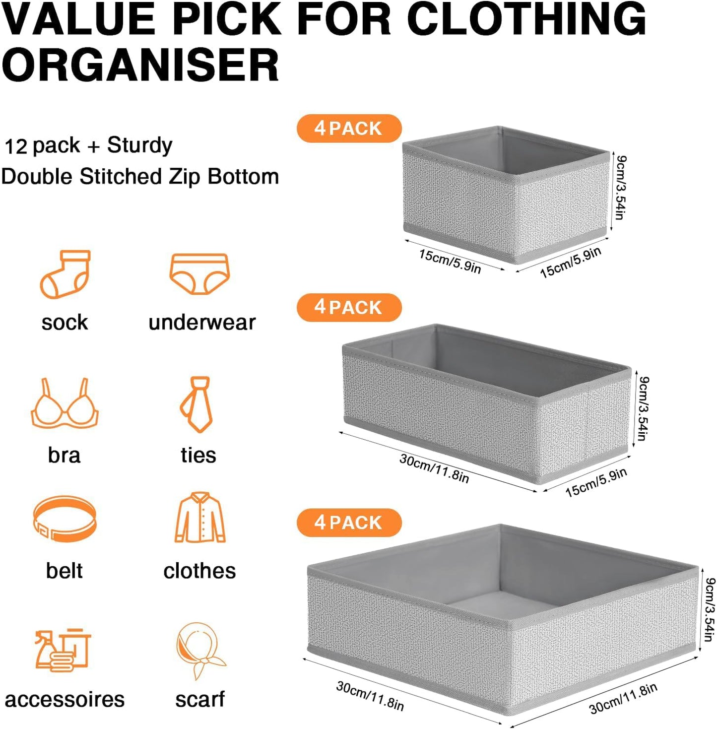 Homsorout 12 Piece Closet Organizer Drawer Organizer, Foldable Storage Box Fabric, Underwear Organizer, Closet Organizer for Clothing, Socks, Heather Gray