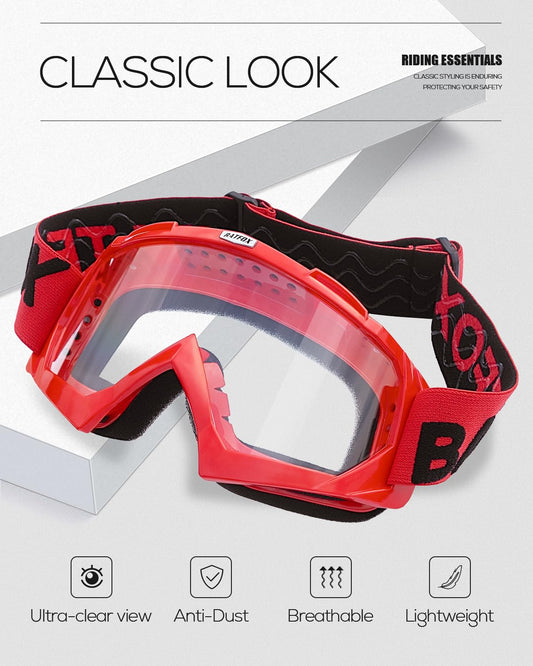 KINGBIKE Motocross Goggles Mtb Goggles Dirt Bike ATV Cross Goggles Safety Tactical Riding Motorcycle Goggles for Men Women Youth (Red-Transparent, Large)