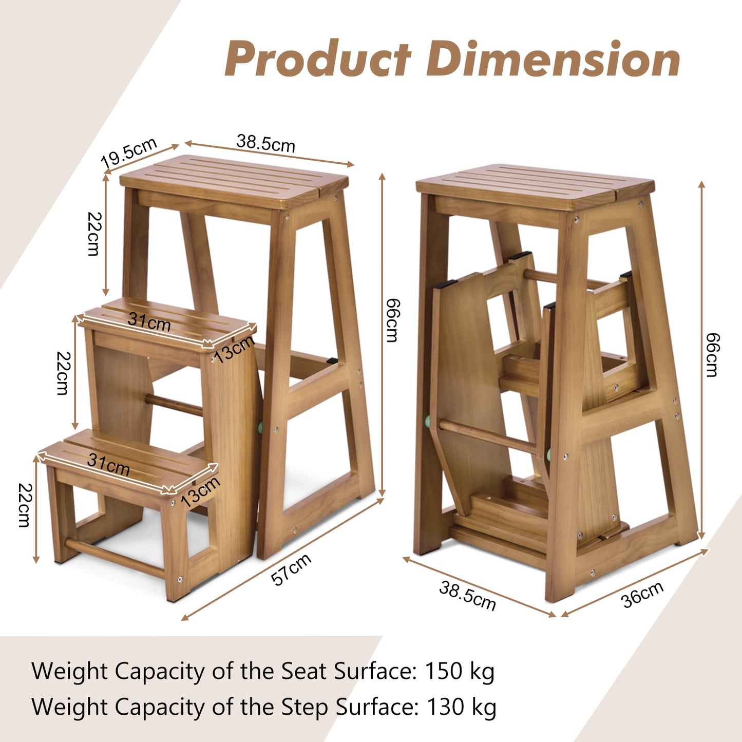 GIANTEX Wooden Step Stool 3 Steps, Folding Step Ladder Foldable Step Stool, Wooden Step Ladder Foldable, Household Step Small, Pine Wood Folding Steps (Walnut)