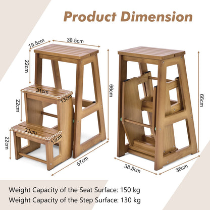GIANTEX Wooden Step Stool 3 Steps, Folding Step Ladder Foldable Step Stool, Wooden Step Ladder Foldable, Household Step Small, Pine Wood Folding Steps (Walnut)