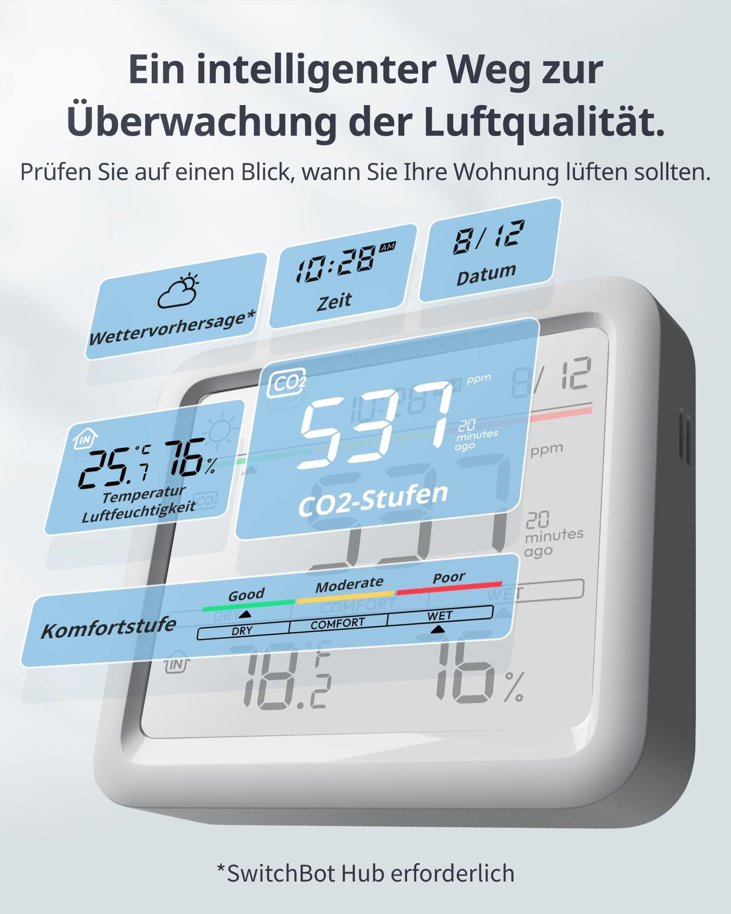 SwitchBot CO2 monitor, CO2 meter with thermometer hygrometer, indoor air quality monitor with CO2 alarm, Bluetooth CO2 sensor with app, 2-year data storage, hub required.