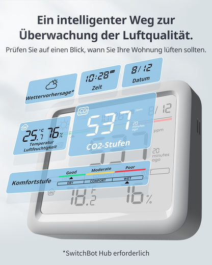 SwitchBot CO2 monitor, CO2 meter with thermometer hygrometer, indoor air quality monitor with CO2 alarm, Bluetooth CO2 sensor with app, 2-year data storage, hub required.