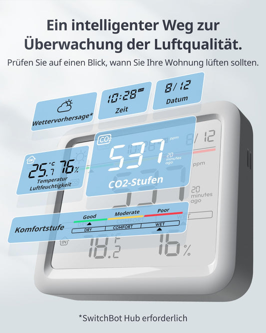 SwitchBot CO2 monitor, CO2 meter with thermometer hygrometer, indoor air quality monitor with CO2 alarm, Bluetooth CO2 sensor with app, 2-year data storage, hub required.