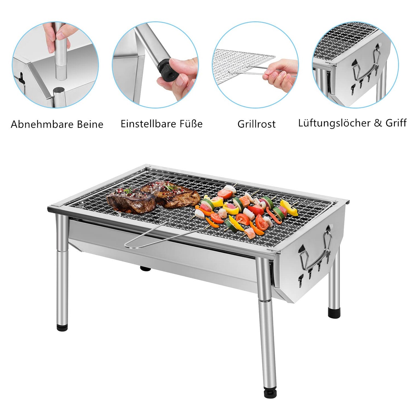 SunJas picnic grill stainless steel charcoal grill small portable camping grill detachable BBQ grills for outdoor garden party etc. (40 x 28 x 21.5 cm)