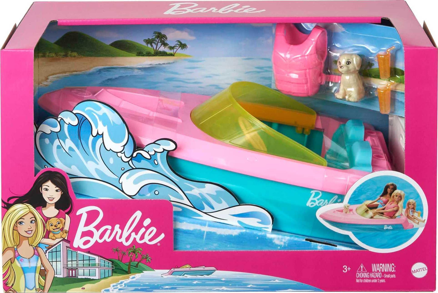 Barbie speedboat, pink life jacket, pink, blue, and white boat, puppy, accessories, dolls, gift for kids, toy for ages 3+,GRG29