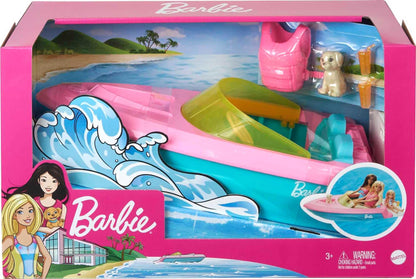 Barbie speedboat, pink life jacket, pink, blue, and white boat, puppy, accessories, dolls, gift for kids, toy for ages 3+,GRG29