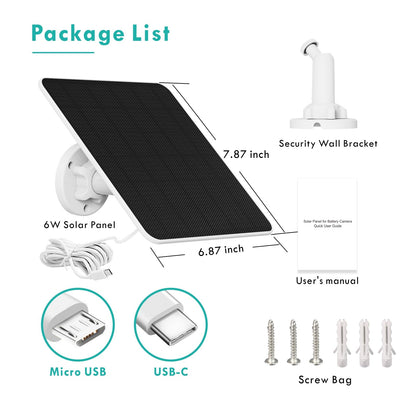 Solar panel for outdoor surveillance camera battery, 6W USB solar module compatible with DC 5V rechargeable battery security camera, camera solar module with adjustable wall mount.