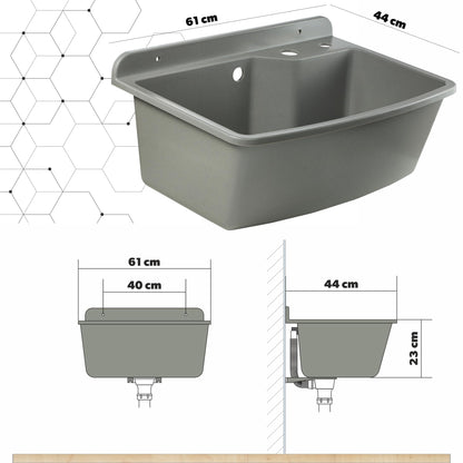 GOSPO drain basin with extendable faucet, sink 61 x 44 x 23.5 cm, washbasin with soap dispenser, siphon, sink including accessories, washroom, industrial washbasin (gray)