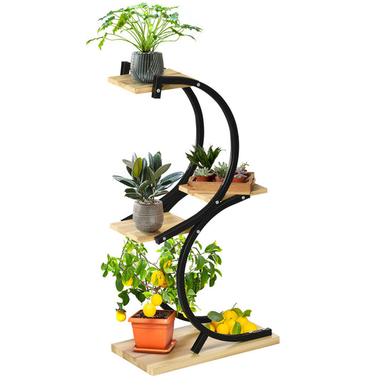 Outsunny 4-tier plant stand, S-shaped flower rack for indoor/outdoor use. 91cm tall plant shelf made of metal and wood. Ideal for living room, garden, balcony. Black color.