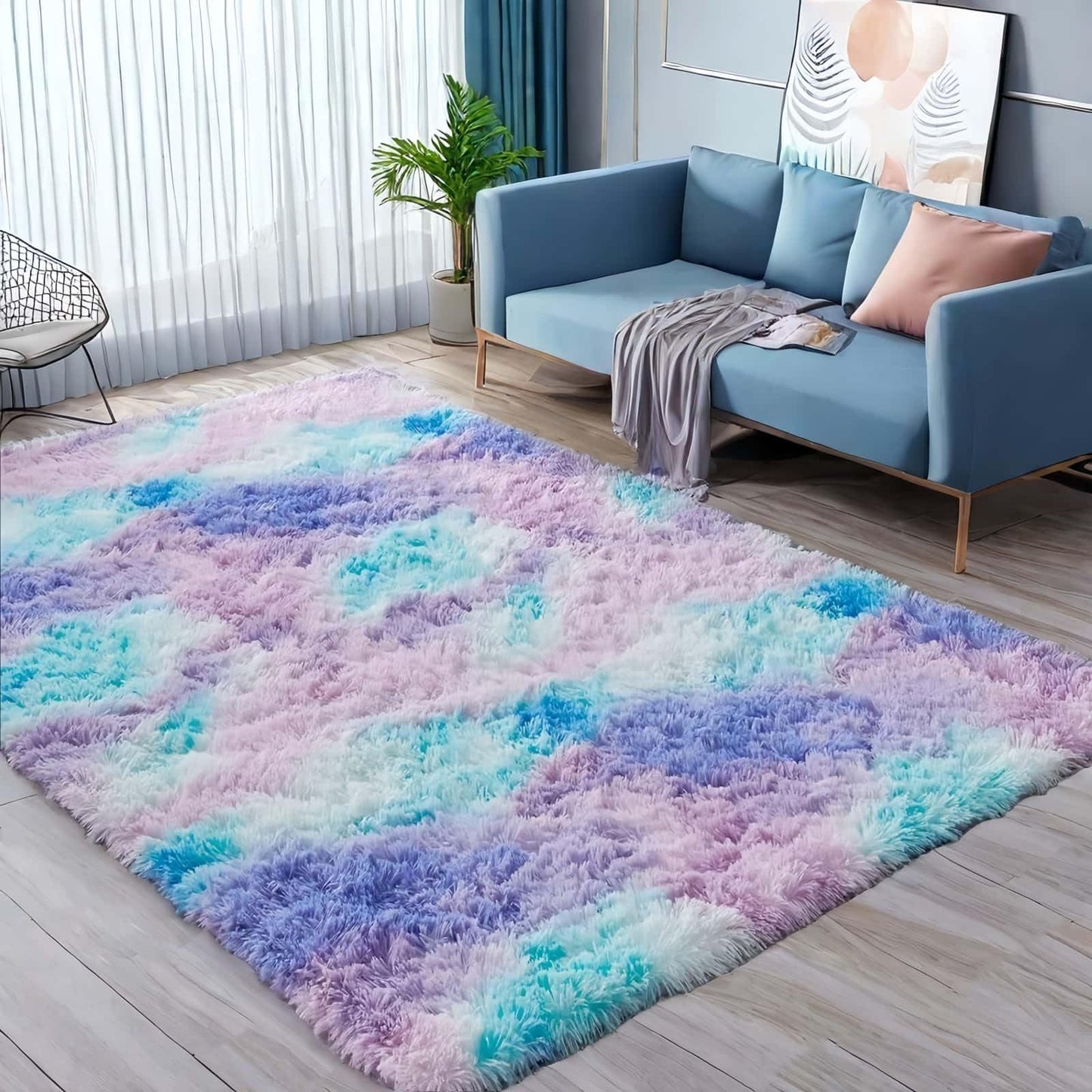 SUBEEN Carpet Living Room Shaggy - Fluffy plush carpet, modern style, colorful rug for living room, bedroom, kid's room (Blue Purple, 120x200cm)