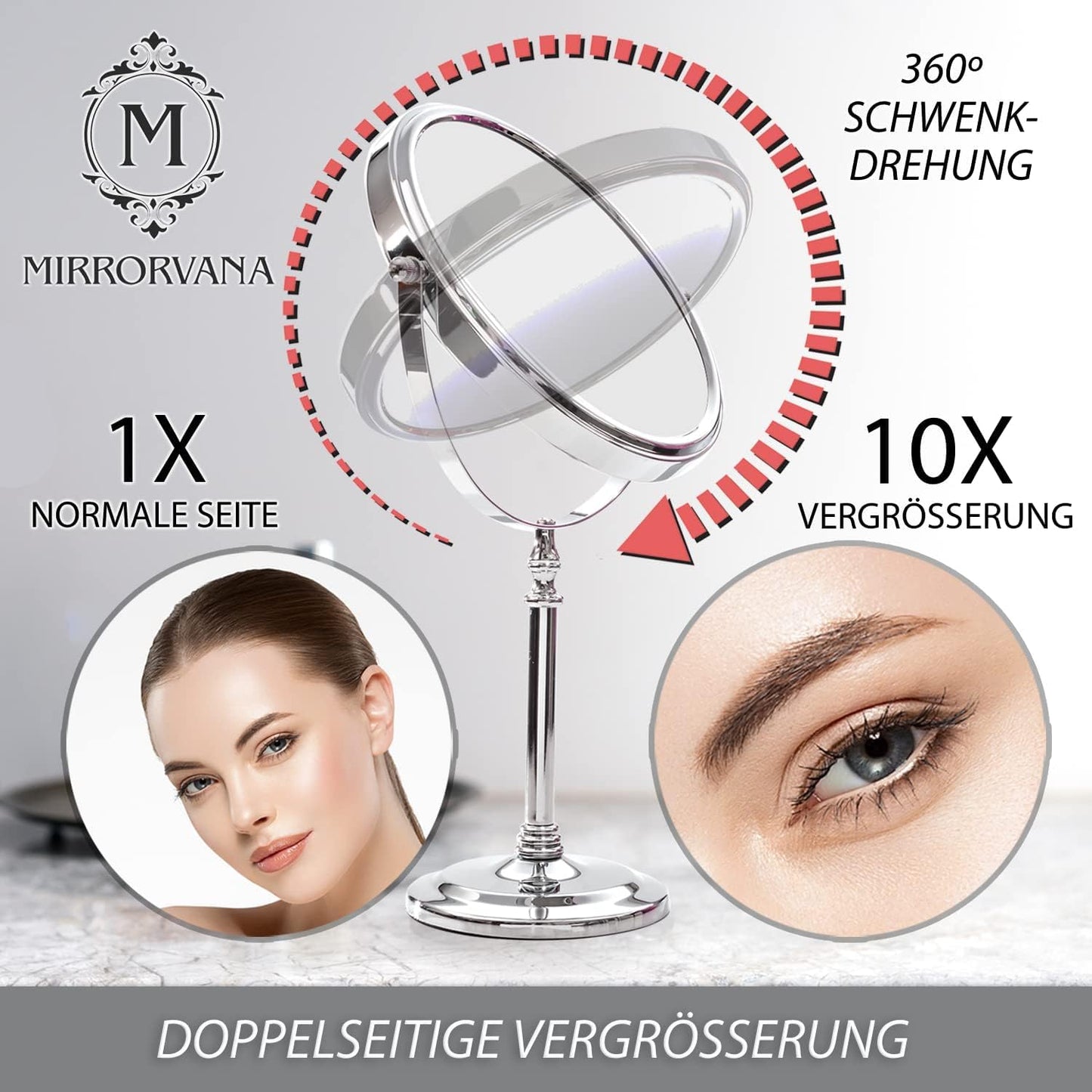 Mirrorvana cosmetic mirror with 10x magnification, double-sided tabletop mirror 360° swivel, makeup mirror 10x and 1x for bathroom, standing mirror 20 cm