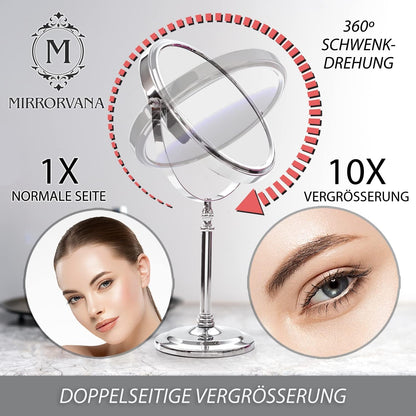 Mirrorvana cosmetic mirror with 10x magnification, double-sided tabletop mirror 360° swivel, makeup mirror 10x and 1x for bathroom, standing mirror 20 cm