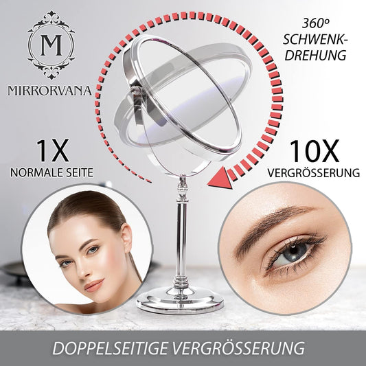 Mirrorvana cosmetic mirror with 10x magnification, double-sided tabletop mirror 360° swivel, makeup mirror 10x and 1x for bathroom, standing mirror 20 cm
