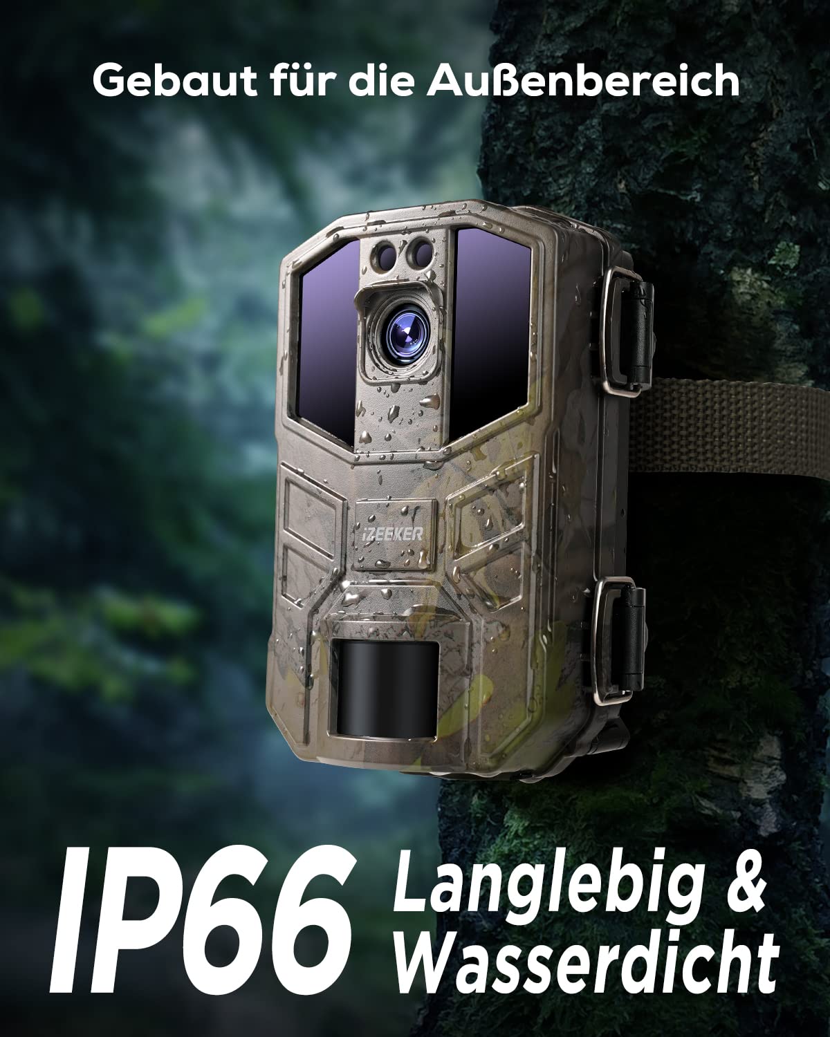 iZEEKER wildlife camera, 4K 48MP 30fps camera with motion sensor night vision wide angle lens 0.1s trigger speed 2s PIR interval IP66 waterproof with 32GB SD card and 4 AA batteries.