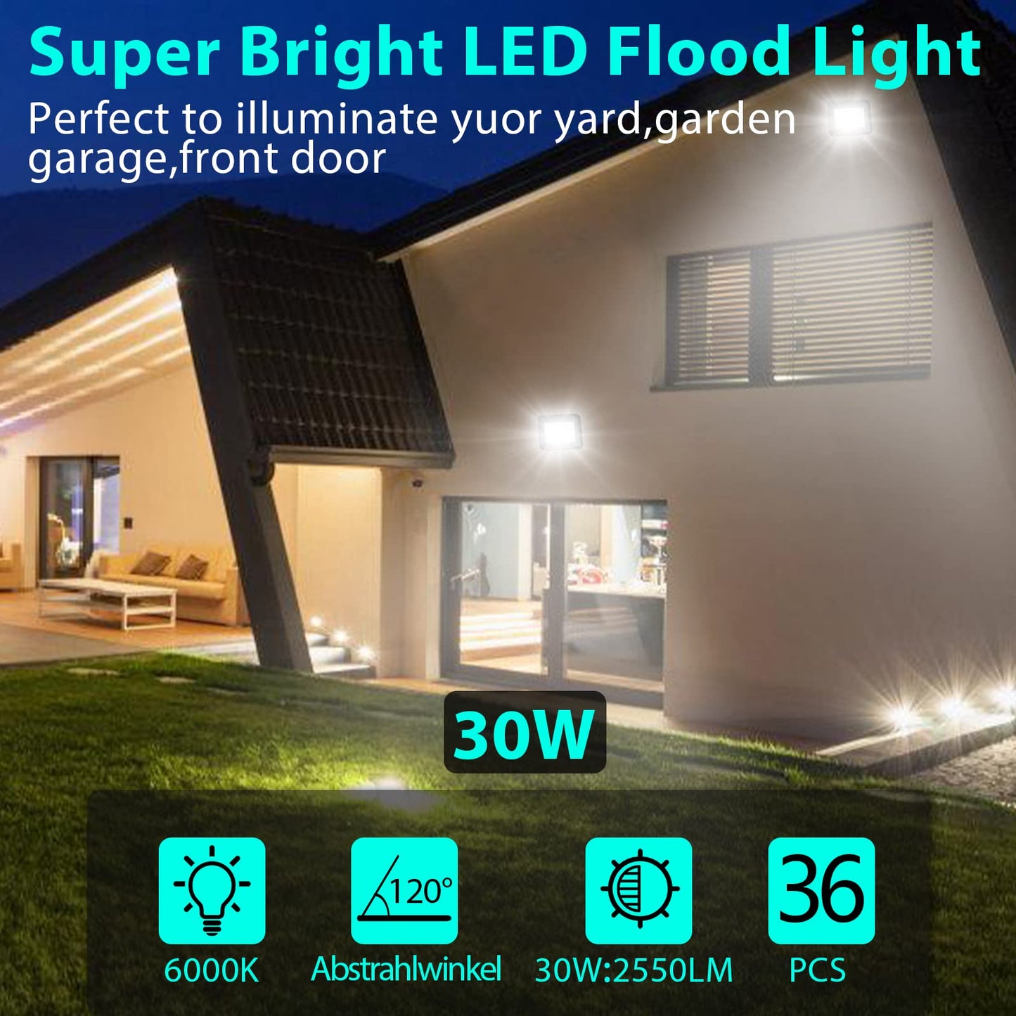 Tubiaz LED Floodlight Outdoor, 30W Floodlight Spotlight Waterproof IP66, Spotlight 230V, Super Bright Outdoor Floodlight 2550LM 6000K Cool White Lighting Outdoor Lamp (No Plug)
