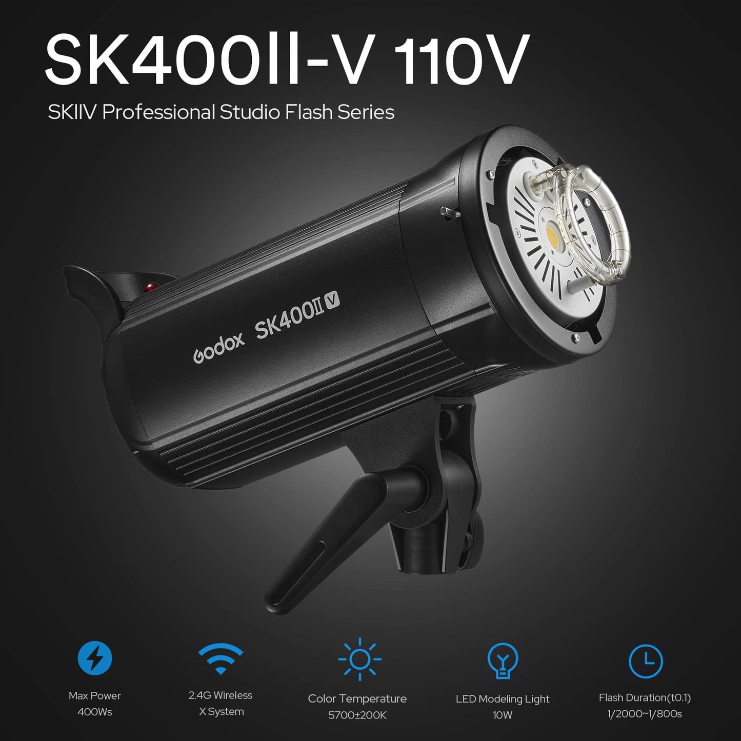 GODOX SK400II-V 400Ws 5600K Bowens Mount Photo Studio Strobe Light, Built-in 2.4G Wireless X System with LED modeling lamp Photography Flash