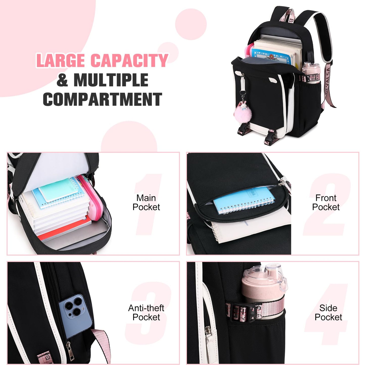 Bevalsa school backpack set for girls with lunch bag, 21L waterproof large casual daypack for elementary students in black color.