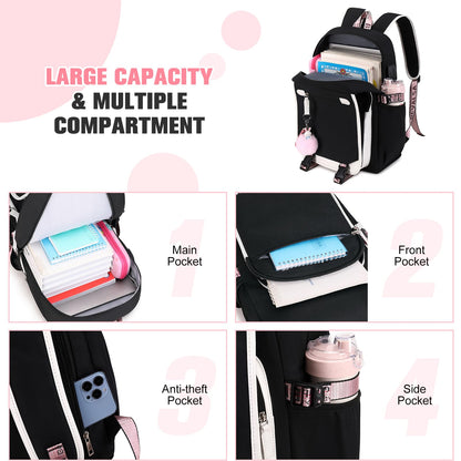 Bevalsa school backpack set for girls with lunch bag, 21L waterproof large casual daypack for elementary students in black color.