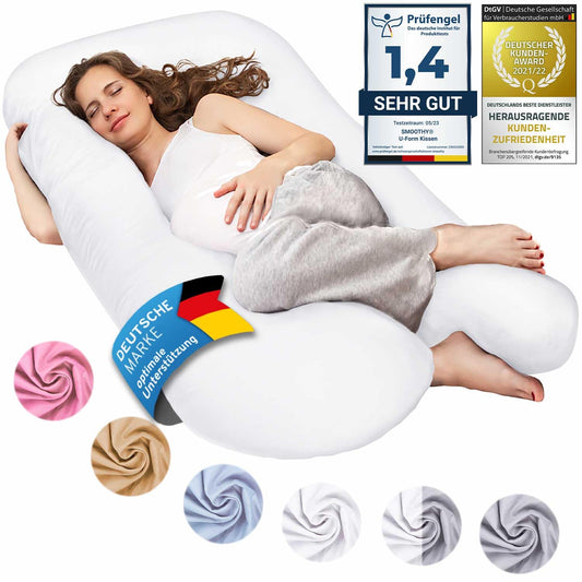 SMOOTHY Pregnancy Pillow, Side Sleeper Pillow, Support Pillow, Baby Pillow & Nursing Pillow in U-shape with removable & washable cover made of 100% cotton (Junior XL, 120 x 70 cm, White)