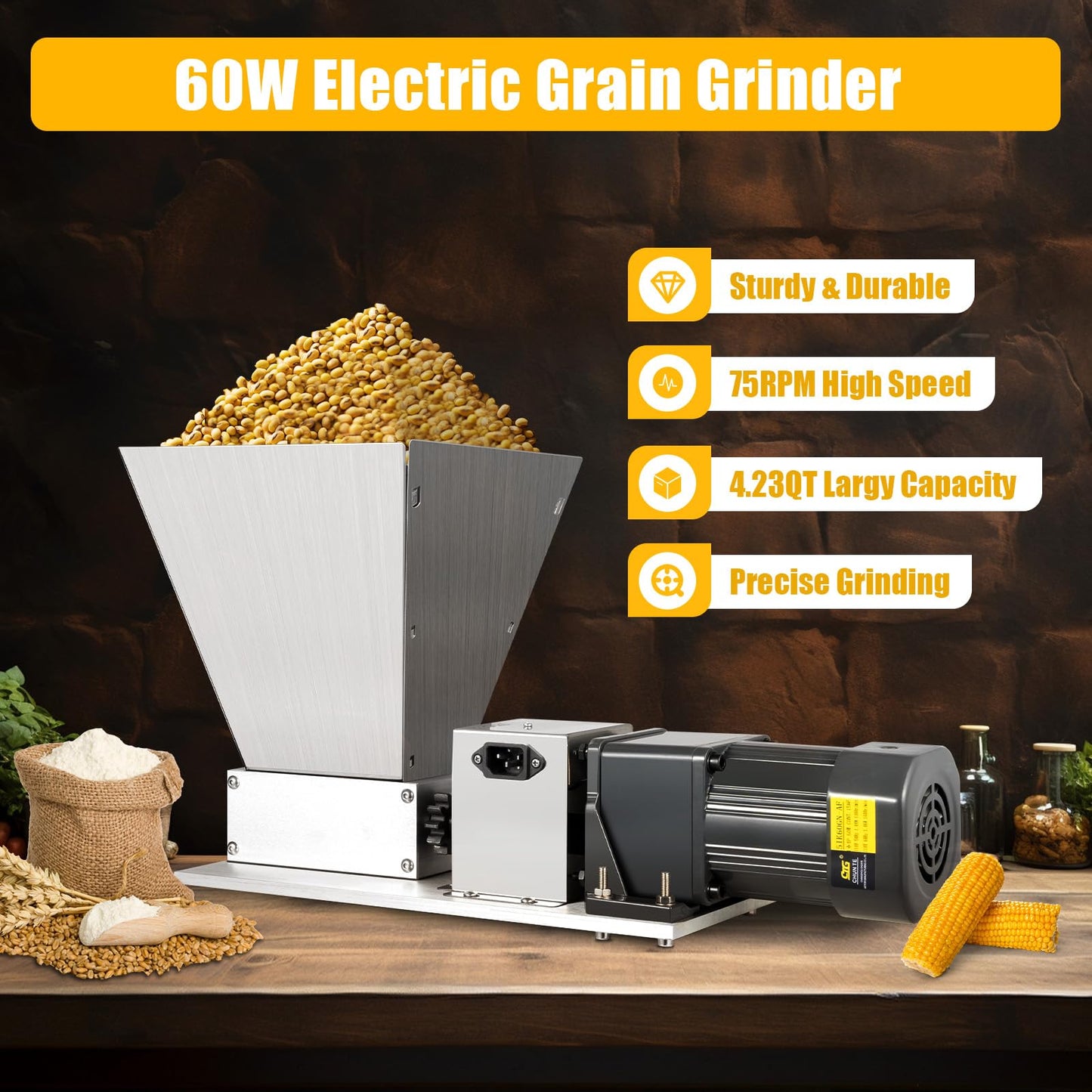 Grain mill, 220V Electric feed mill with Hopper Stainless Steel Malt mill Grain mill Kitchen machine Grain Grinder Home brewer for Grinding Barley Wheat