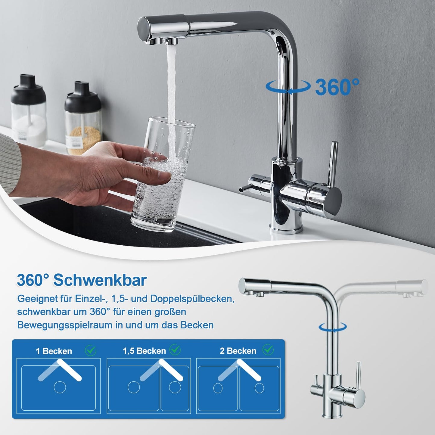 ROVOGO Kitchen Faucet 3 Way Water Filter Mixer Tap, Kitchen Tap for Hot, Cold and Drinking Water, 360° Rotatable Sink Faucet Stainless Steel with Double Lever and 3 Hoses, Chrome