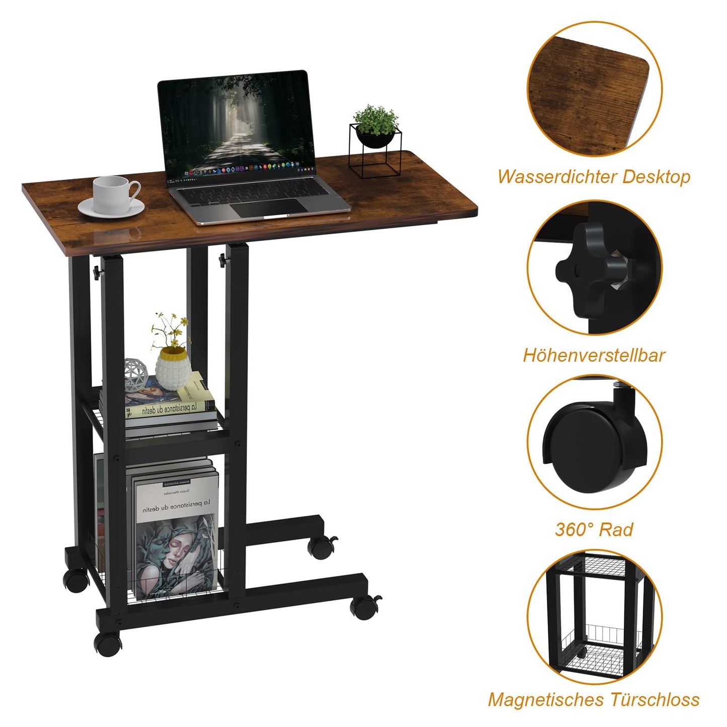 PIPIPOXER side table with wheels laptop table, computer desk height adjustable desk made of wood with 60x30x65cm table top and 4 swivel 360° wheels for computer, laptop, bedroom, office black