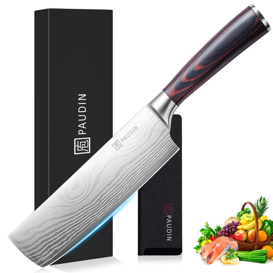 PAUDIN Japanese knife, blade length 17 cm Nariki knife chopper kitchen knife made of high-quality stainless steel, Asian multipurpose kitchen knife for home and kitchen with ergonomic handle.