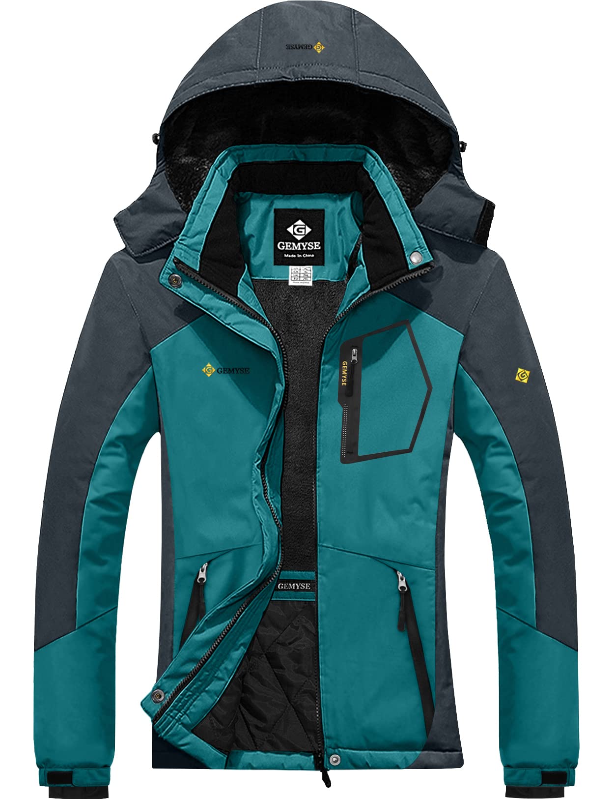 GEMYSE Women's Ski Jacket Waterproof Windproof Rain Jacket Hiking Jacket Hardshell Jacket with Hood for Winter (Acid Blue Gray, S)
