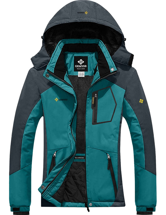 GEMYSE Women's Ski Jacket Waterproof Windproof Rain Jacket Hiking Jacket Hardshell Jacket with Hood for Winter (Acid Blue Gray, S)