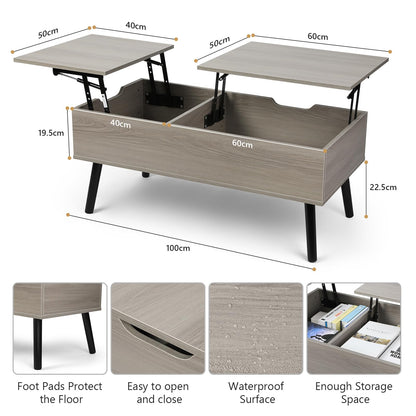 VOWNER coffee table, adjustable height, retractable, hidden storage compartment, double lift top, side table, light gray.