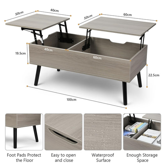 VOWNER coffee table, adjustable height, retractable, hidden storage compartment, double lift top, side table, light gray.