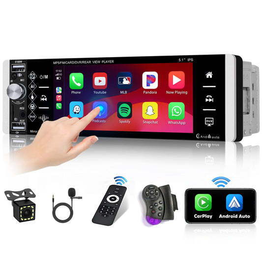 Hikity 1Din car radio with Bluetooth rear camera, 5.1 inch touchscreen car radio with wireless CarPlay & Android Auto, Bluetooth, two USB ports, remote control, mic, FM radio.