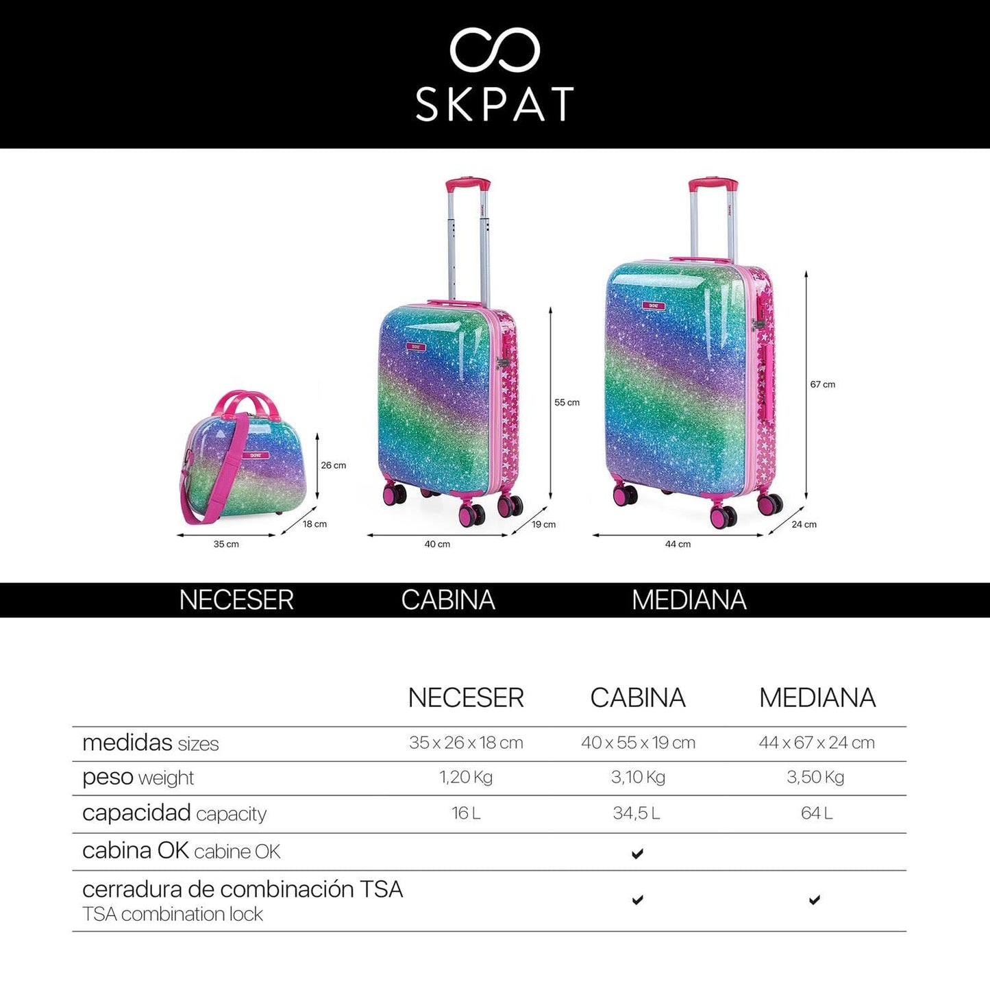 SKPAT - Children's suitcase, Rolloffs style carry-on trolley for girls, lightweight kids trolley, hand luggage, compatible with Ryanair TSA combination lock, Fuchsia.