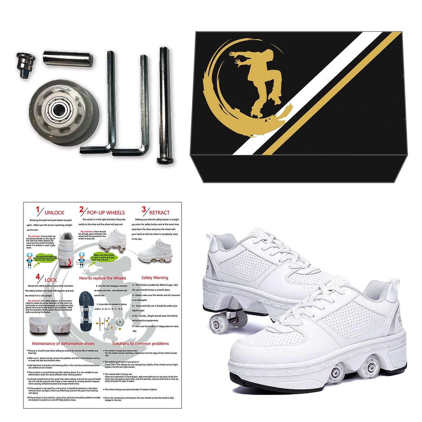 Roller skate shoes, skate shoes with wheels, inline skate, adjustable women's shoes with wheels for girls (size 38, White Silver)