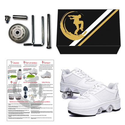 Roller skate shoes, skate shoes with wheels, inline skate, adjustable women's shoes with wheels for girls (size 38, White Silver)