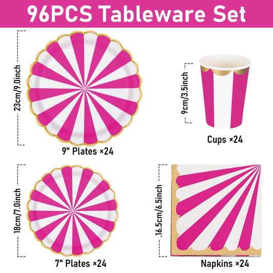PARTY GO 96 Piece Partyware Set, Circus-themed Partyware Set, Peach and White Striped Circus-themed Birthday Tableware, Circus Party Supplies (24 Guests)