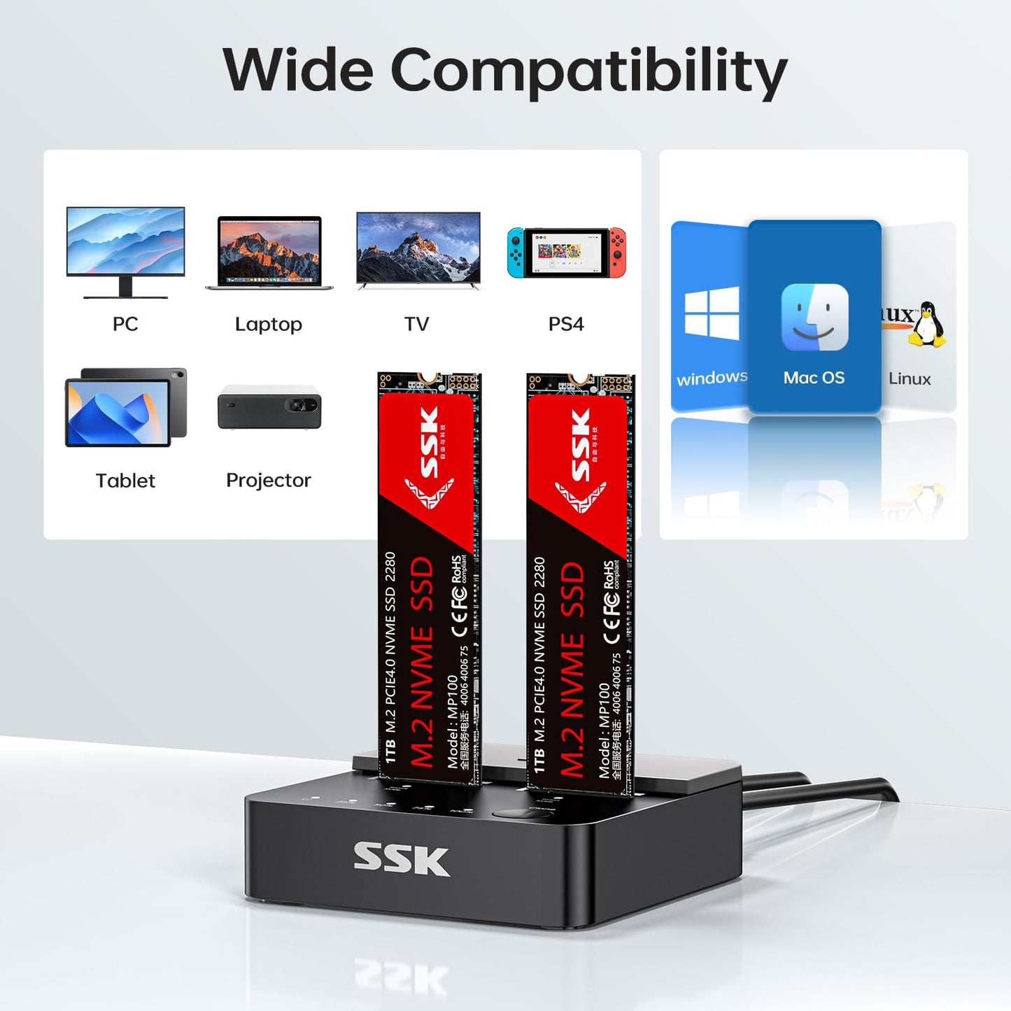 SSK Hard Drive Docking Station, 20Gbps Dual Bay NVMe M.2 SSD Enclosure, Tool-Free Docking Stations for Hard Drive Adapter USB 3.2 Gen 2X2 Clone NVMe Enclosure for M Key PCIE NVMe SSD Case