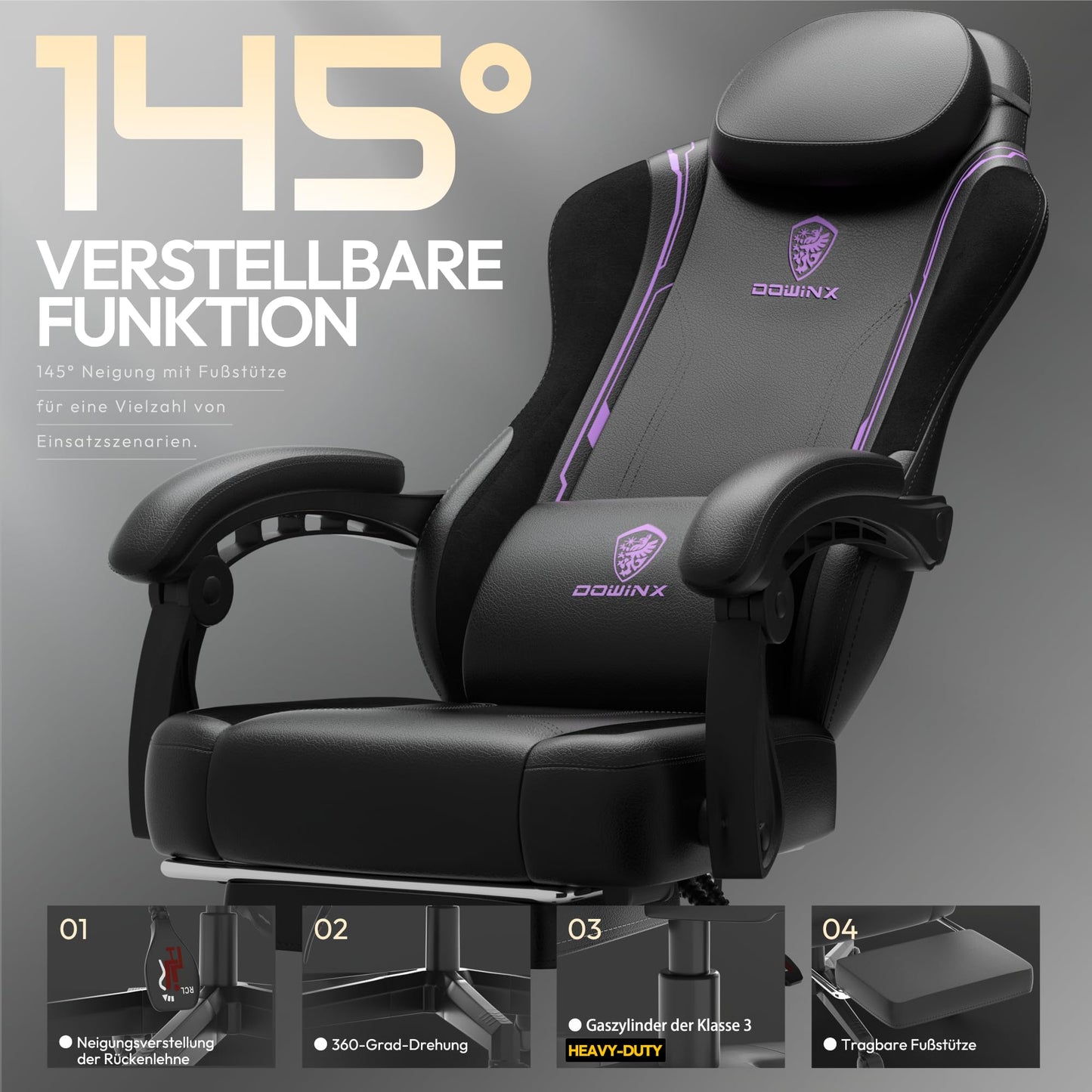 Dowinx Gaming Chair, Ergonomic PU Leather Gamer Chair with Lumbar Support, PC Chair with Widened Backrest, Supports up to 150 kg, Purple